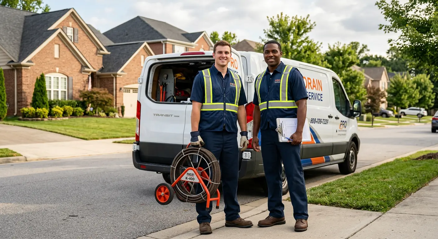 Sewer and drain service team with equipment ready for work in Milton