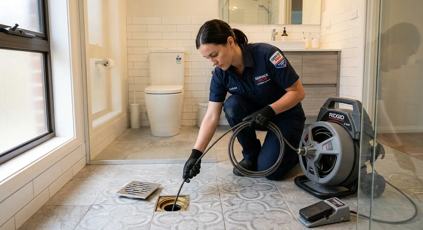 Technician clearing a bathroom floor drain for Drain Repair in Milton